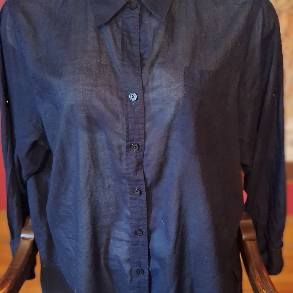 Ellen Tracy XL Navy 100% Cotton Semi-Sheer Shirt